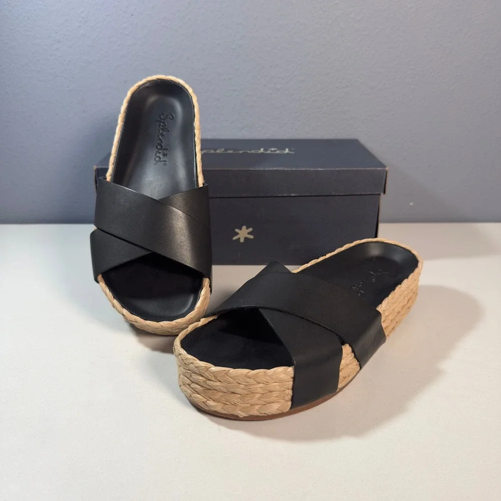 Splendid Becki Sandals Women 6.5 Black New Leather Espadrille Platform Slides
